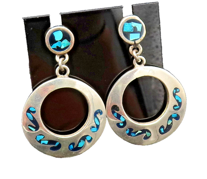 MEXICO 925 Sterling Silver Vintage Turquoise & Onyx Open Circle Earrings EG12250