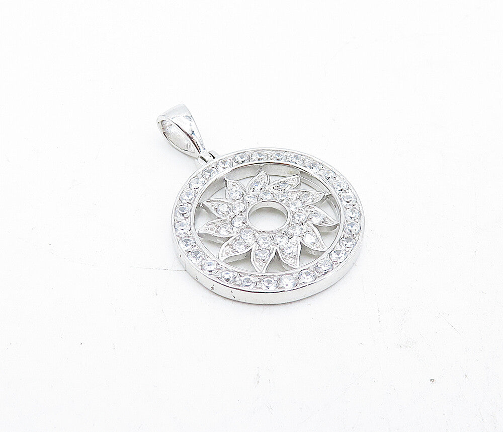 925 Sterling Silver  Shiny Topaz Open Floral Design Round Drop Pendant  PT3206