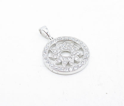 925 Sterling Silver  Shiny Topaz Open Floral Design Round Drop Pendant  PT3206