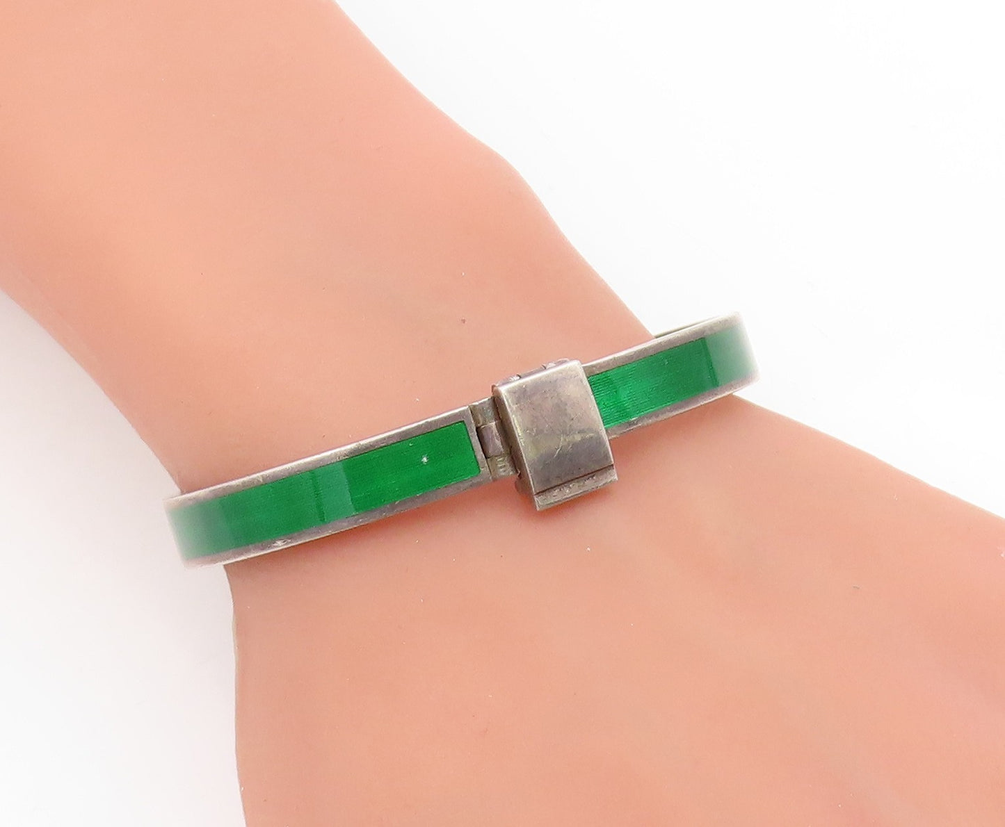 925 Sterling Silver Vintage Bracelet GUCCI Classic Green Enamel Bangle  BT12012
