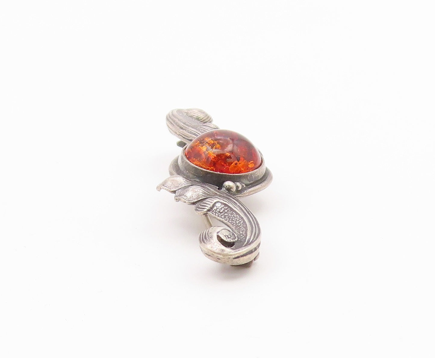 POLAND 925 Sterling Silver  Vintage Cabochon Amber Swirl Brooch Pin  BP9318