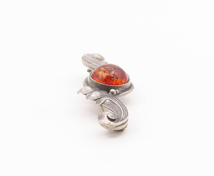 POLAND 925 Sterling Silver  Vintage Cabochon Amber Swirl Brooch Pin  BP9318
