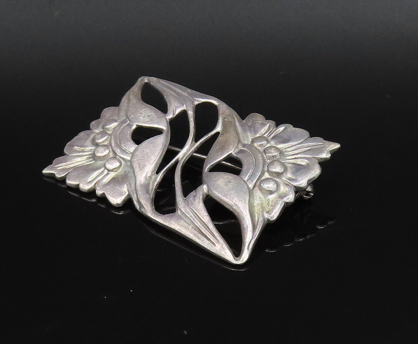 925 Silver  Vintage Antique Openwork Double Flower Rectangle Brooch Pin BP9998