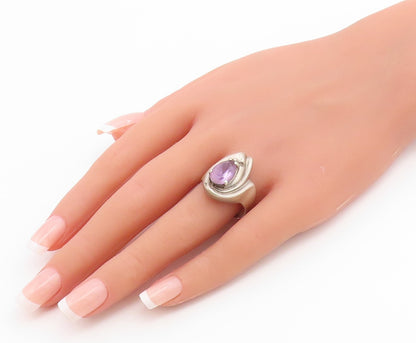 925 Sterling Silver Vintage Ring Pear Cut Amethyst Ribbed Band  Sz 10  RG36705