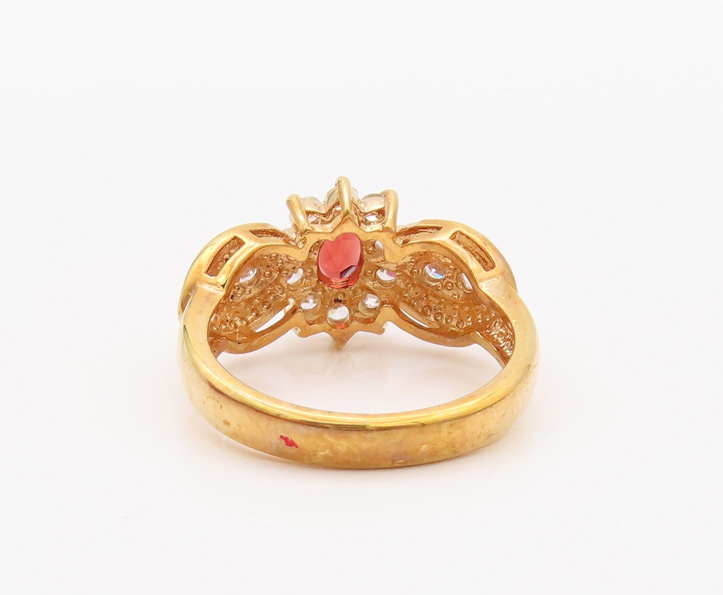 925 Sterling Silver Vintage Ring Gold Plated Garnet & CZ Flower  Sz 7  RG30314