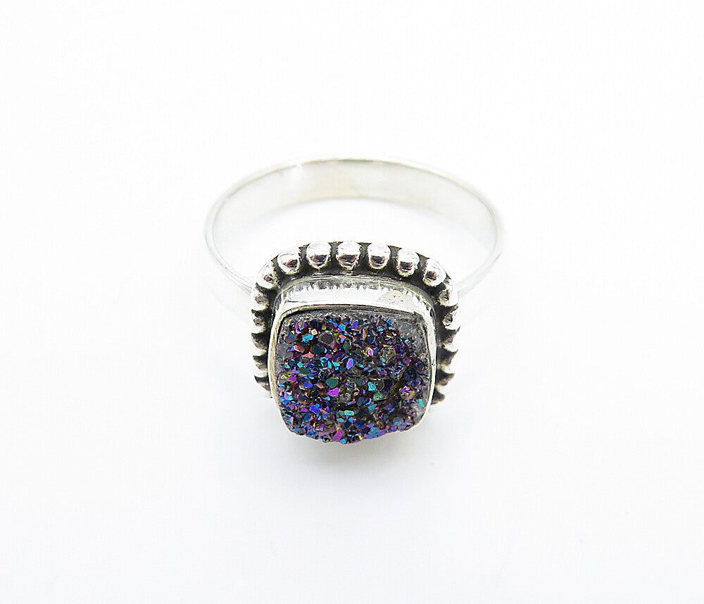 925 Sterling Silver  Druzy Stone Fluted Shiny Solitaire Ring Sz 7  RG7922