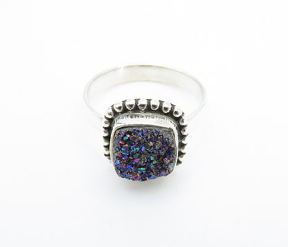 925 Sterling Silver  Druzy Stone Fluted Shiny Solitaire Ring Sz 7  RG7922