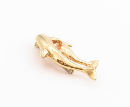 925 Sterling Silver Vintage Brooch Gold Plated CZ Dolphin Mother & Baby  BP11806