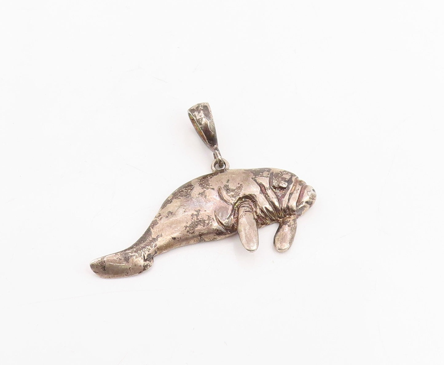 925 Sterling Silver Vintage Pendant Carved Sea Cow Ocean Manatee Charm  PT25887