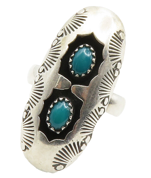 NAVAJO 925 Silver  Vintage Turquoise Etched 2 Stone Cocktail Ring Sz 7 RG12784