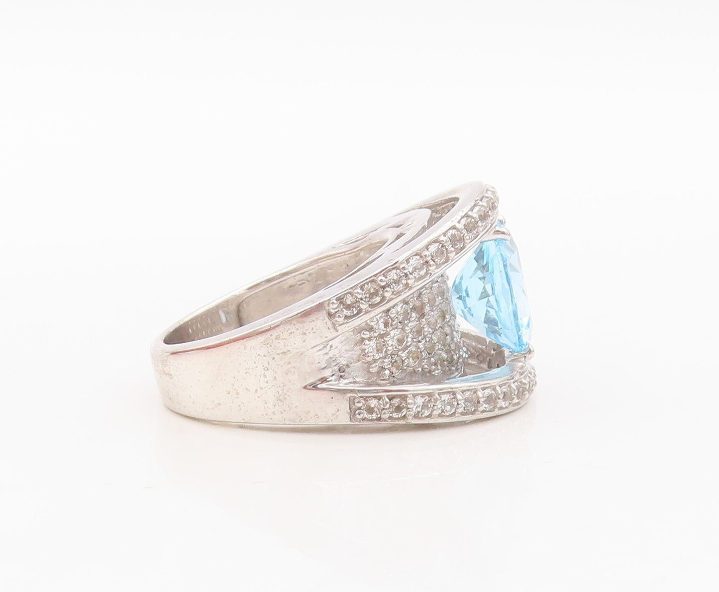 925 Sterling Silver Vintage Ring Designer Cutout Blue & White CZ  Sz 7  RG30398