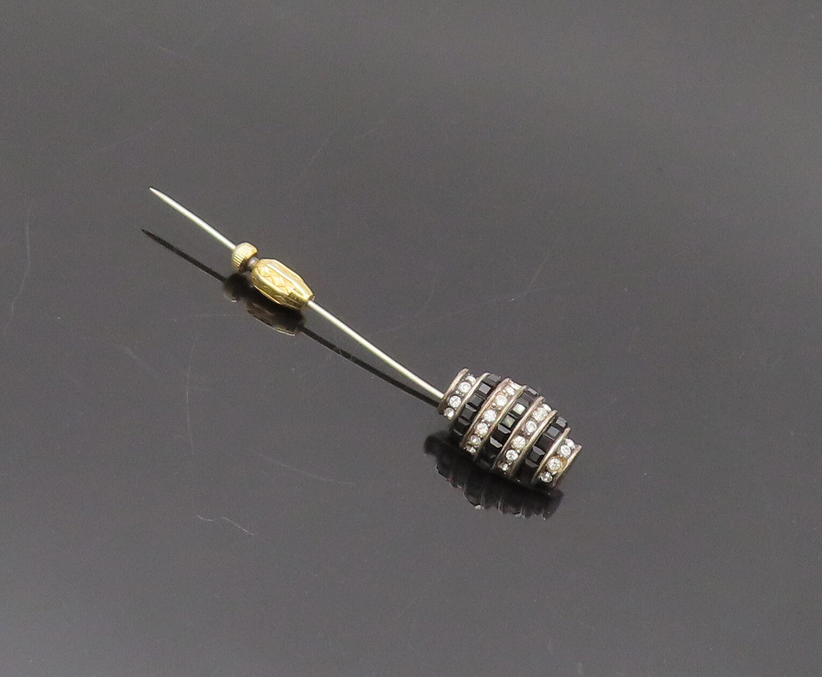 925 Sterling Silver Vintage Brooch Pin Antique Gold Plated Domed Onyx CZ BP10586