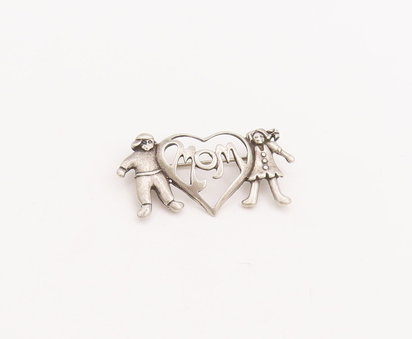 925 Sterling Silver Vintage Brooch Pin Cutout Children Love Heart Mom  BP11092
