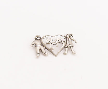 925 Sterling Silver Vintage Brooch Pin Cutout Children Love Heart Mom  BP11092
