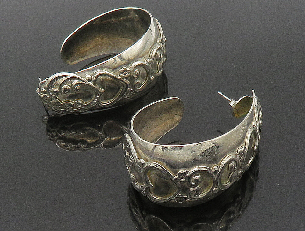 925 Sterling Silver  Vintage Shiny Love Heart Large J Hoop Earrings  EG11437