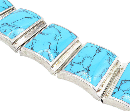 925 Sterling Silver  Vintage Turquoise Square Hinge Chain Bracelet  BT2240