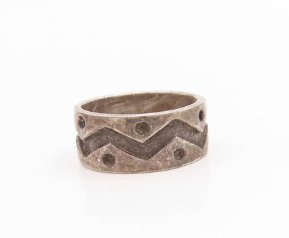 925 Sterling Silver Vintage Ring Carved Tribal Pattern Wide Band  Sz 6  RG34395