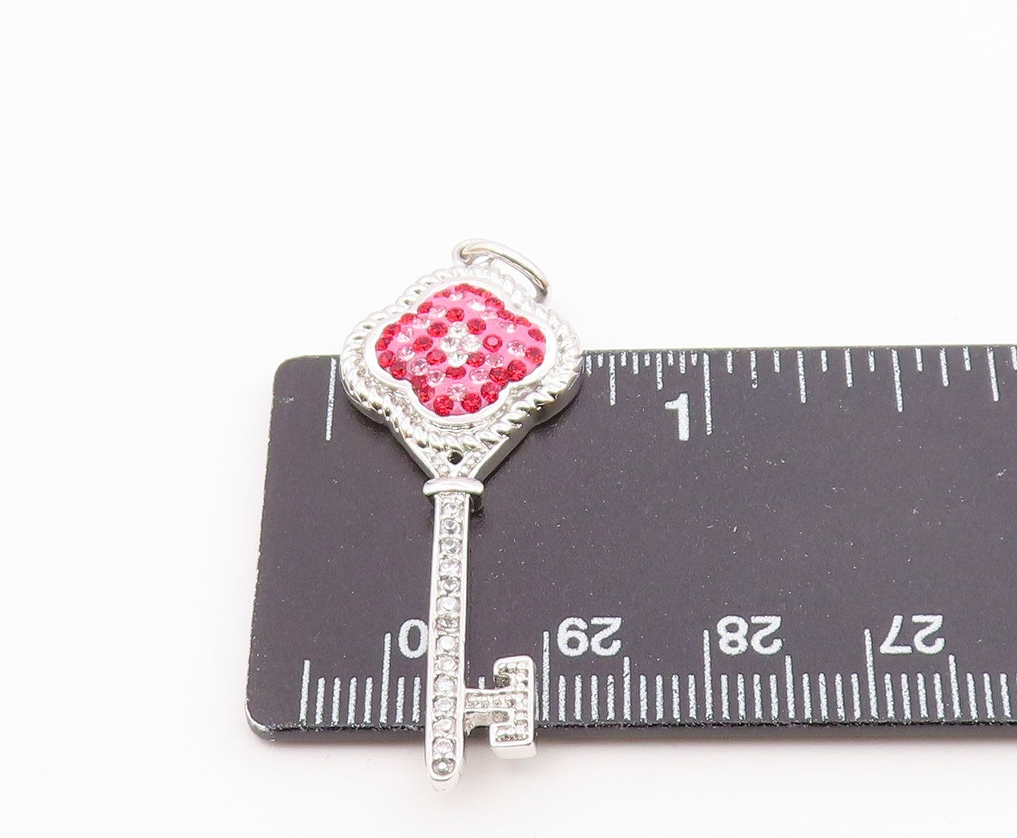 925 Sterling Silver  Vintage Pink Crystal & Topaz Key Motif Pendant  PT17410