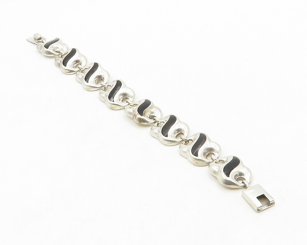 MEXICO 925 Sterling Silver Vintage Black Onyx Shiny Chain Bracelet BT5130