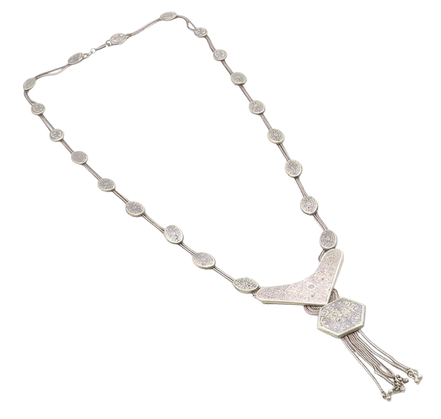 925 Sterling Silver Vintage Necklace Ethnic Geometric Disc & Tassel Chain NE4623