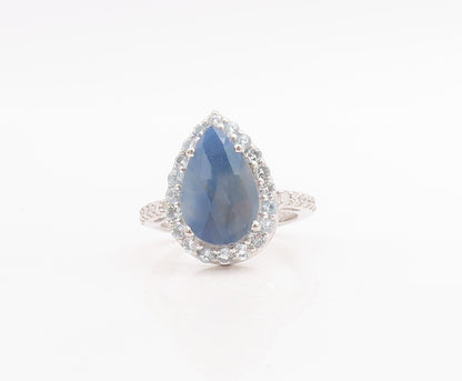 925 Sterling Silver Vintage Ring Drop Cut Blue Halo White Topaz  Sz 7  RG30664