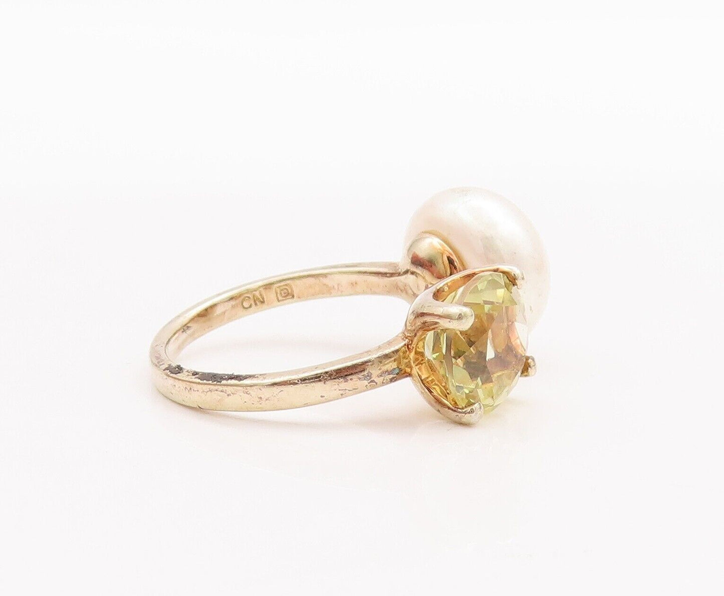 925 Sterling Silver Vintage Ring Gold Plated Pearl & Citrine  Sz 6  RG28616