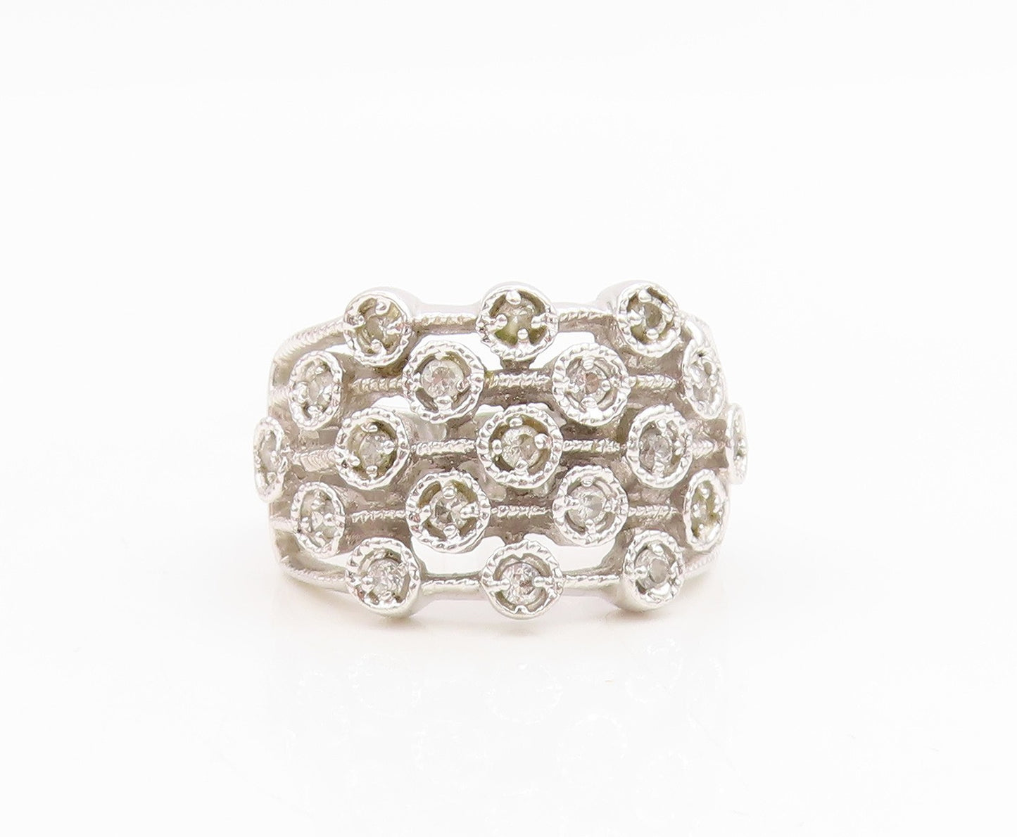 925 Sterling Silver Vintage Ring Round CZ Multi Row Openwork Band  Sz 7  RG35024