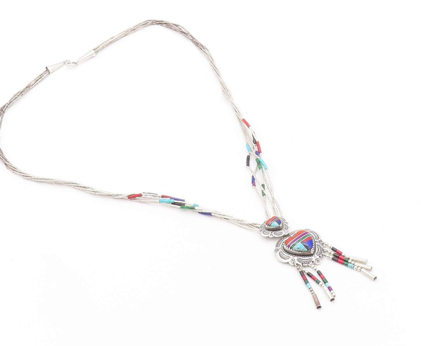925 Sterling Silver Vintage Necklace NAVAJO Gemstone Tassel Heart  NE4552