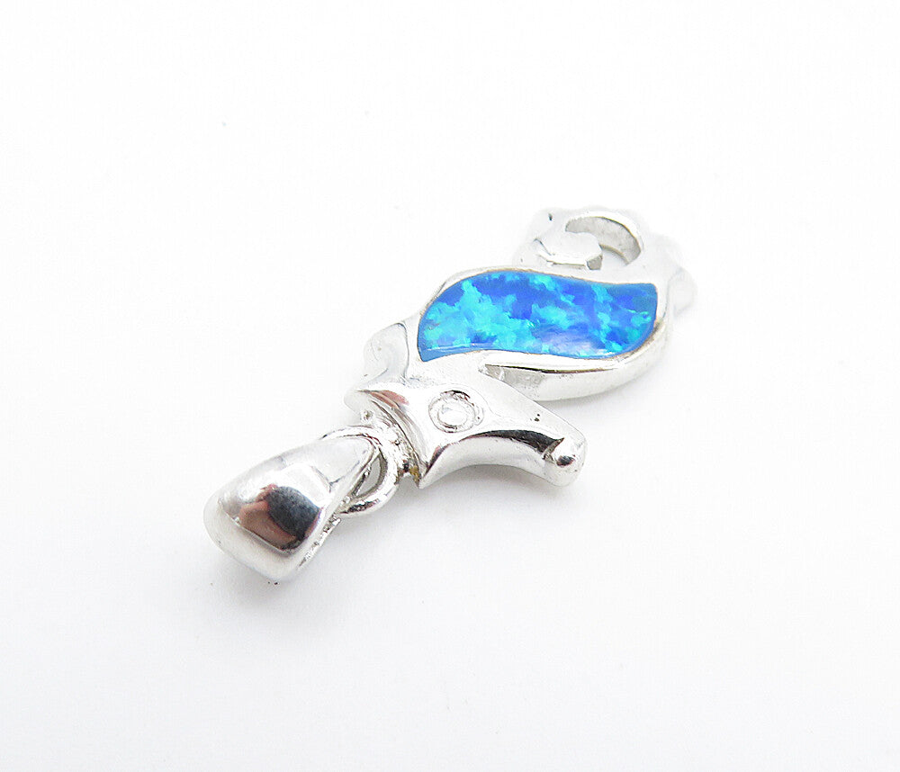 925 Sterling Silver  Inlaid Fire Opal Shiny Petite Seahorse Pendant  PT5696