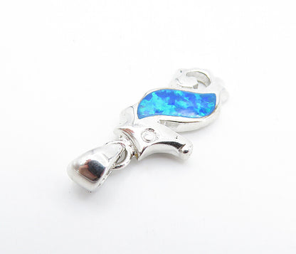 925 Sterling Silver  Inlaid Fire Opal Shiny Petite Seahorse Pendant  PT5696