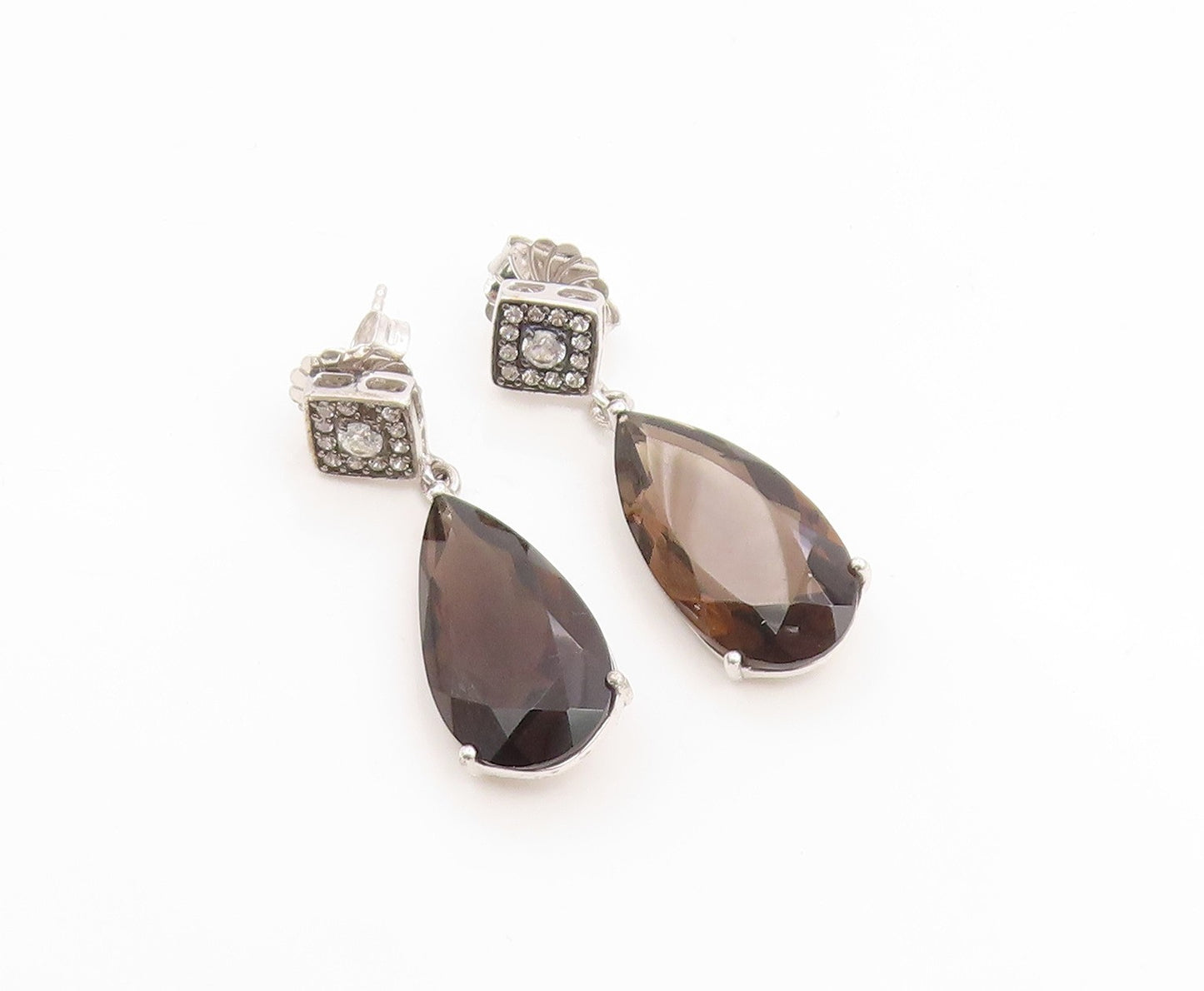 925 Sterling Silver Vintage Earrings Classic Smoky Quartz & CZ Teardrop  EG14350