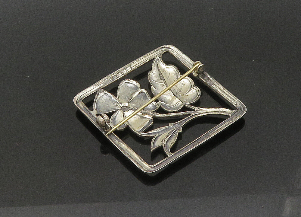 925 Sterling Silver  Vintage Dark Tone Flower Motif Square Brooch Pin  BP8293