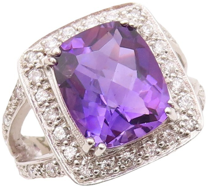 925 Sterling Silver Vintage Ring Rectangle Amethyst & Topaz Inlay  Sz 7  RG29990