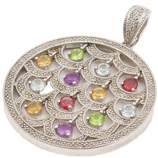 925 Silver  Vintage Multicolor Dangling Gemstones Circular Pendant PT22210