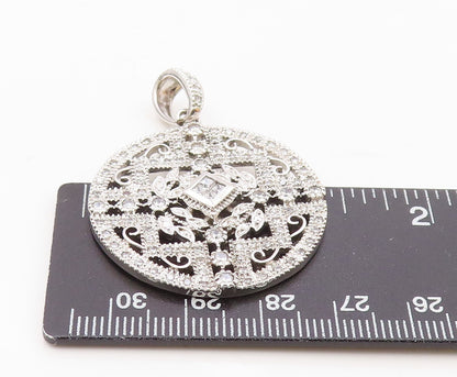 925 Sterling Silver  Vintage Cubic Zirconia Floral Vine Round Pendant  PT14435