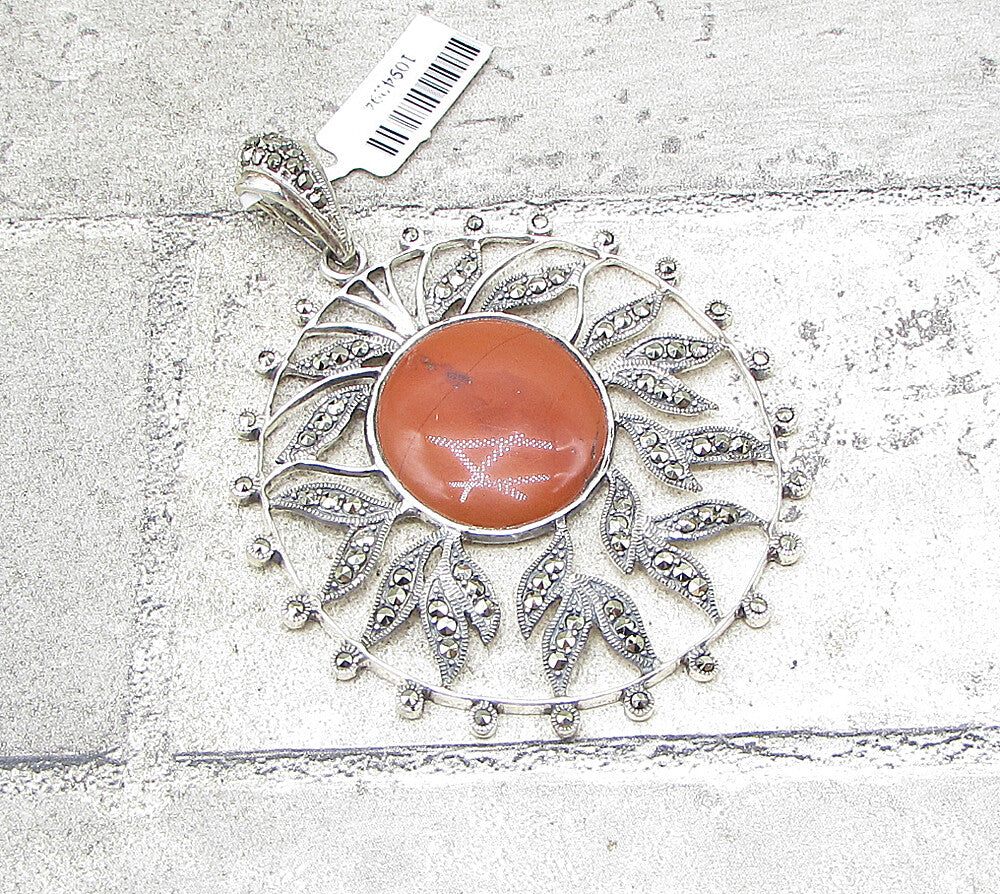 925 Sterling Silver  Red Jasper & Marcasite Floral Drop Pendant  PT1383