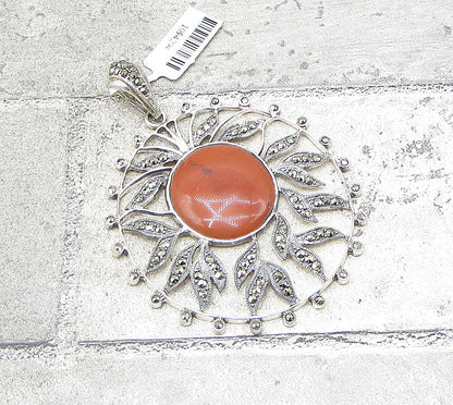 925 Sterling Silver  Red Jasper & Marcasite Floral Drop Pendant  PT1383