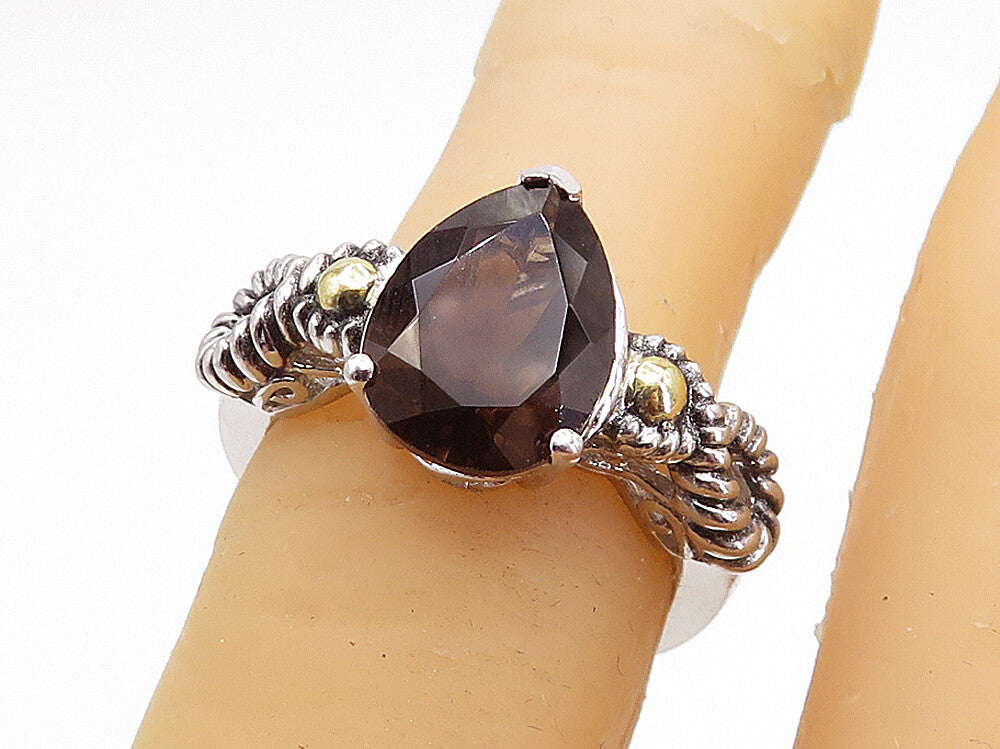 925 Silver & 18K GOLD  Smoky Topaz Two Tone Twist Solitaire Ring Sz 5  RG3945