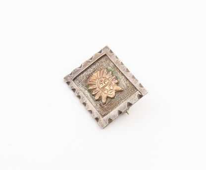 925 Silver & 18K GOLD  Vintage Two Tone Face Mask Square Brooch Pin  BP5230