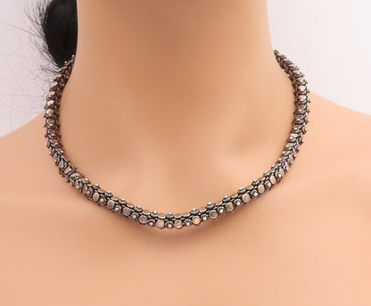 925 Sterling Silver Vintage Necklace Dark Tone Floral Beaded Rope Chain  NE4676
