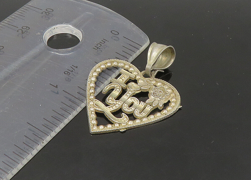 925 Sterling Silver  Vintage Floral I Love You Open Heart Pendant  PT18680
