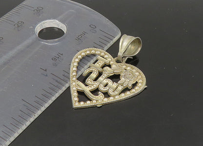 925 Sterling Silver  Vintage Floral I Love You Open Heart Pendant  PT18680