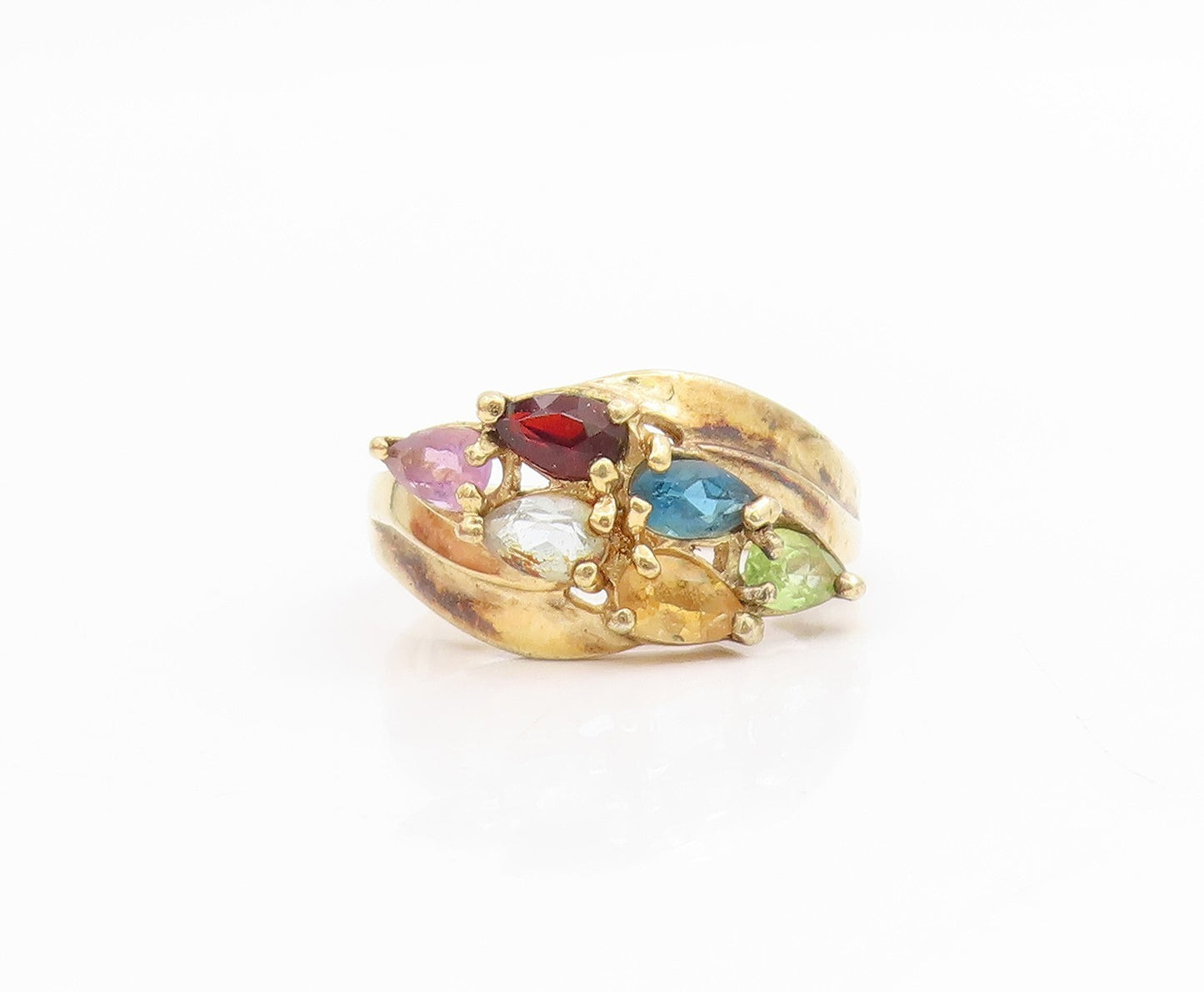 925 Sterling Silver Vintage Ring Gold Plated Gemstones Crossover  Sz 7  RG34381