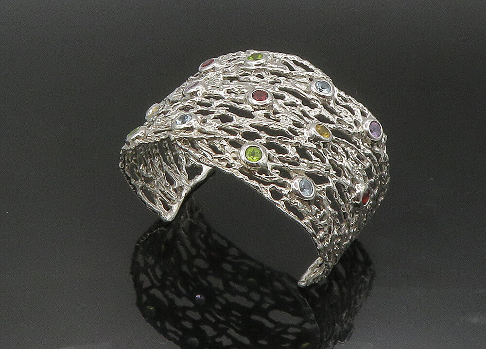 925 Silver Vintage Topaz Peridot & Multi Stone Sculpted Cuff Bracelet BT8996