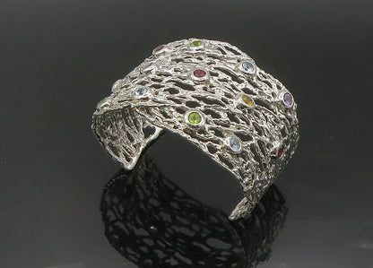 925 Silver Vintage Topaz Peridot & Multi Stone Sculpted Cuff Bracelet BT8996