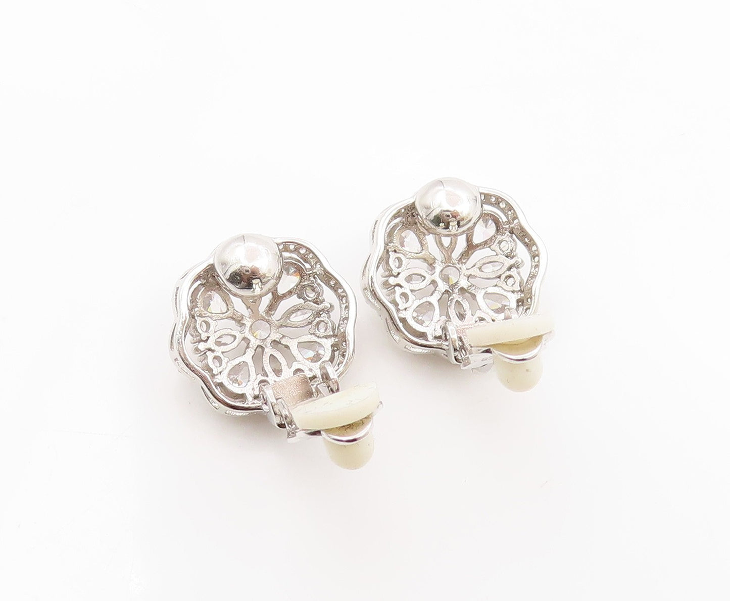 925 Sterling Silver Vintage Earrings Elegant CZ Floral Petal Clip On  EG14338