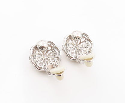 925 Sterling Silver Vintage Earrings Elegant CZ Floral Petal Clip On  EG14338