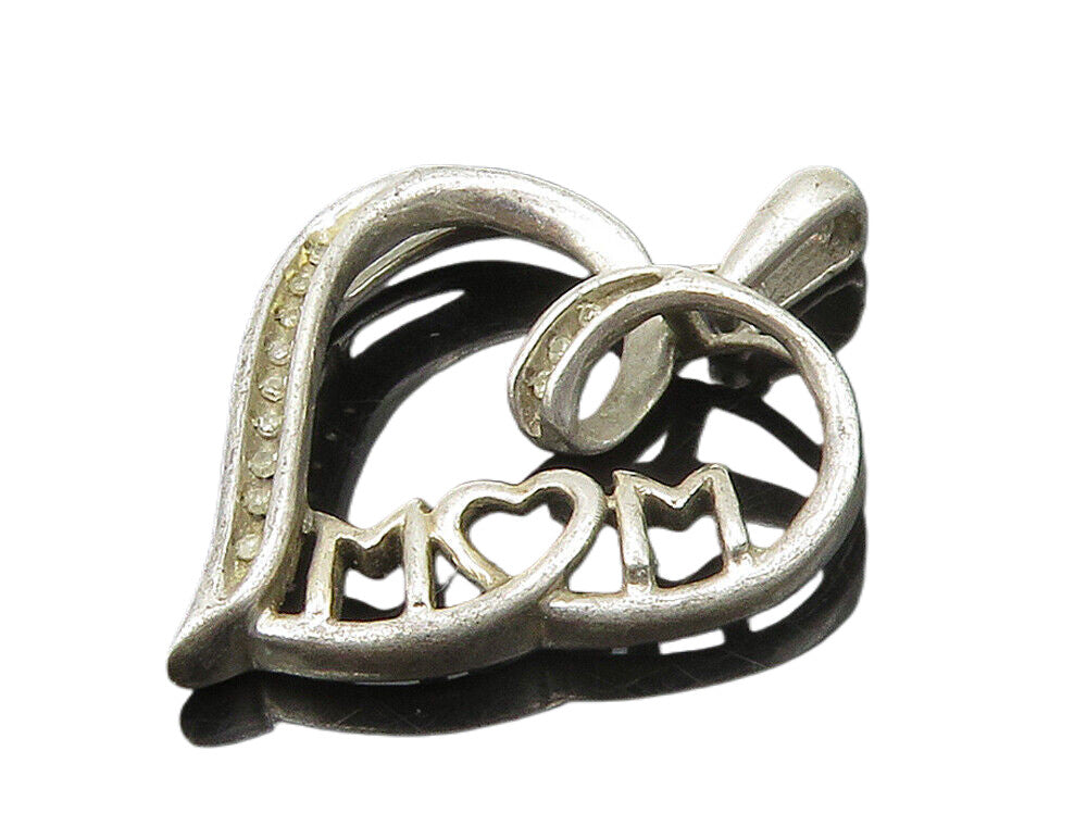 925 Sterling Silver  Vintage Genuine Diamonds Mom Love Heart Pendant  PT12438