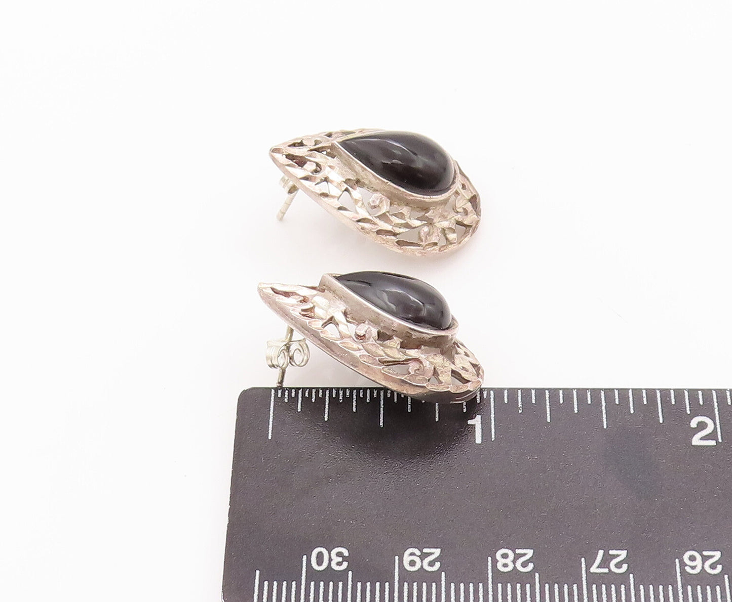 925 Sterling Silver Vintage Earrings Drop Shape Onyx Halo Swirly Carved  EG12958