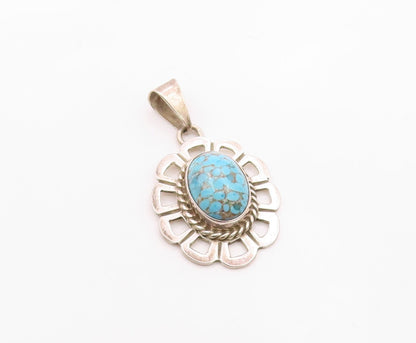 MEXICO 925 Silver  Vintage Cabochon Turquoise Flower Motif Pendant  PT16625